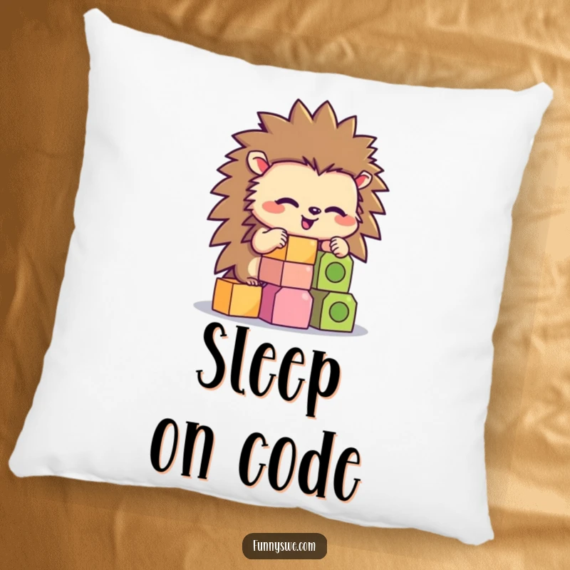 Funny hedgehog character concentrating on stacking hexagonal code blocks, designed on a comfortable decorative pillow.