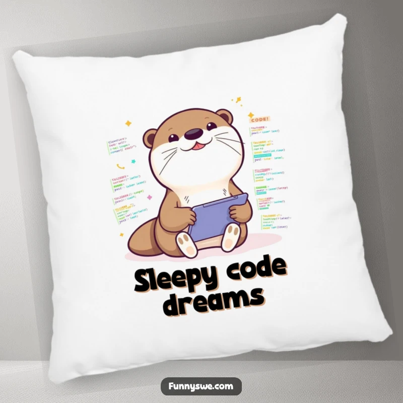 Funny pillow with an excited Kawaii otter coding on a tablet, surrounded by colorful code, soft and cheerful decor.