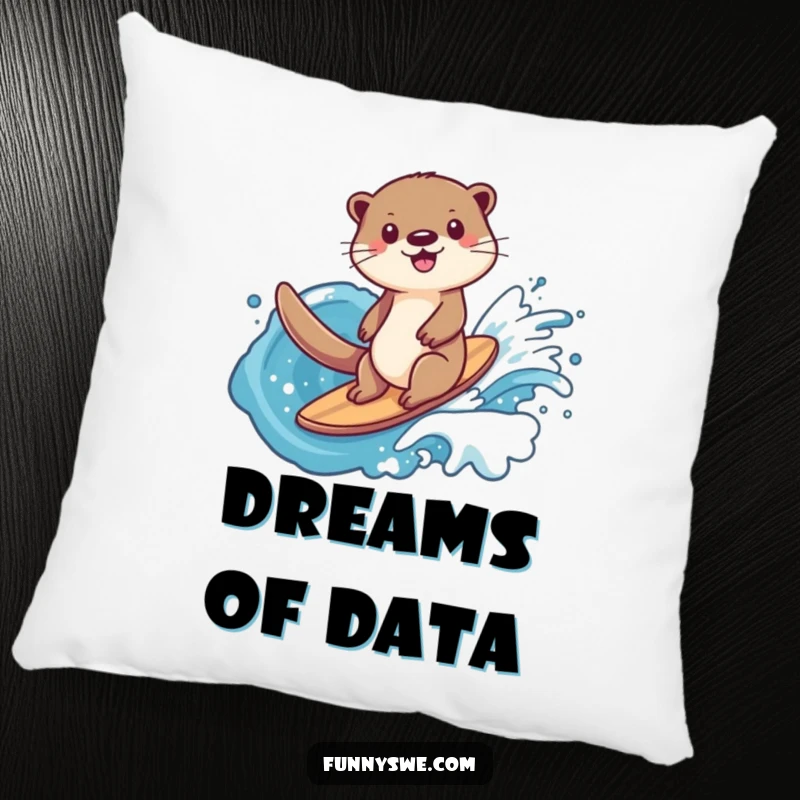 Funny happy otter data surfer pillow, showing an otter riding a wave of data, ideal for cozy tech-themed spaces.