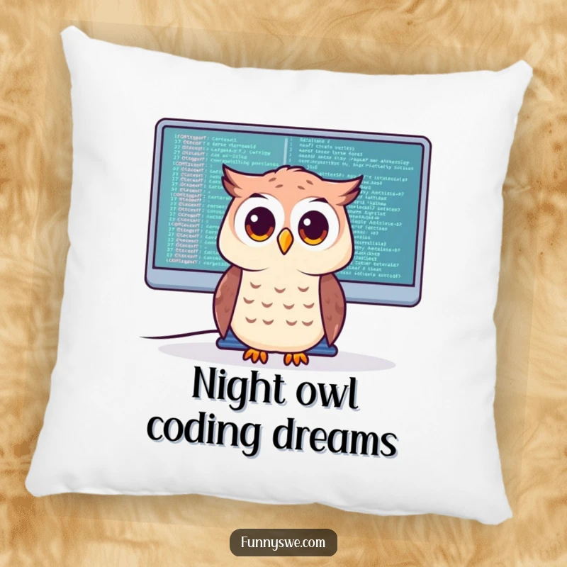 Funny Pillow featuring a curious owl character intently examining code on a giant monitor, offering comfort and intellectual humor.