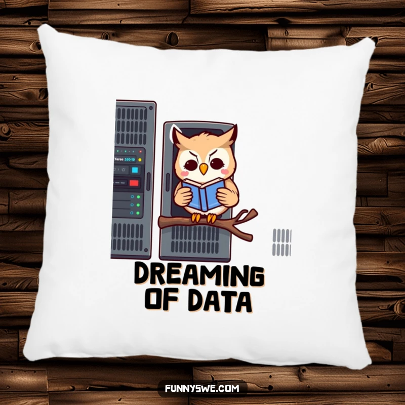Funny decorative pillow with a kawaii owl reading a book on a server rack, offering tech-themed humorous comfort.