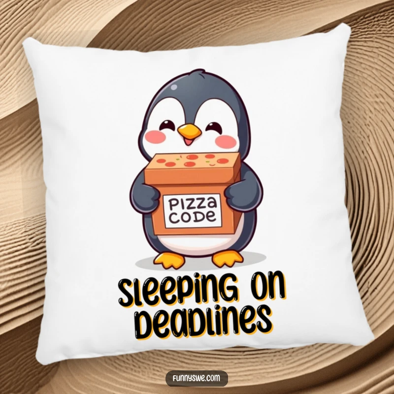 Funny decorative pillow with a happy kawaii penguin delivering a pizza box labeled code delivery, offering tech-themed humorous comfort.