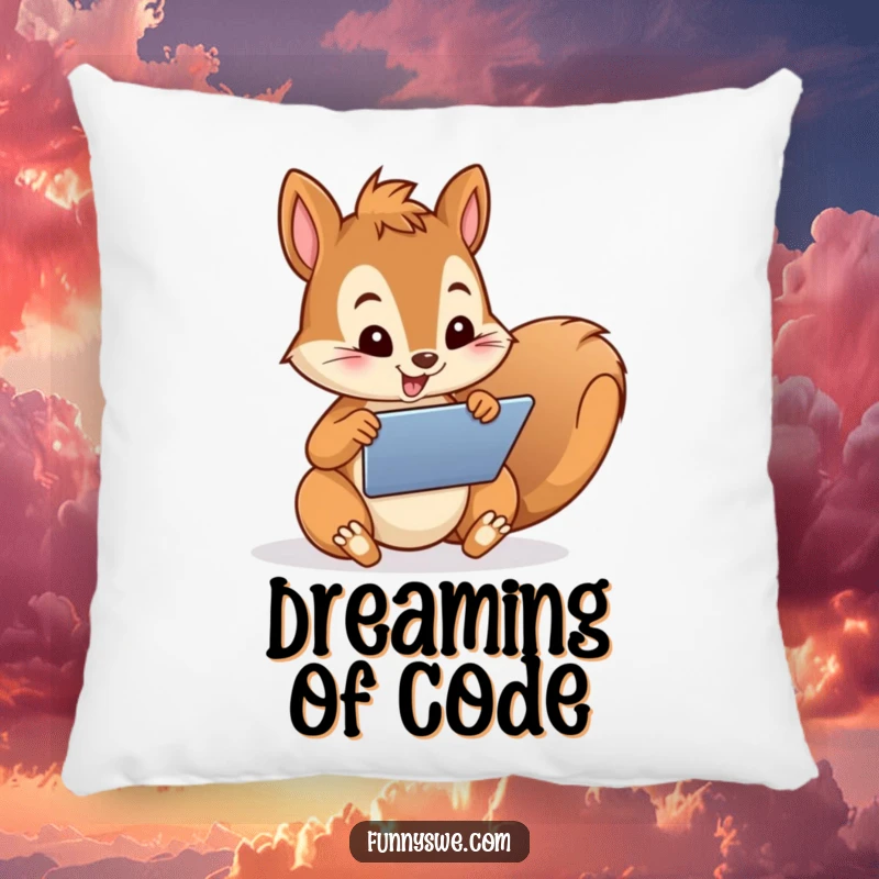 Funny Pillow featuring a cheerful squirrel character enthusiastically designing a website on a tablet, offering comfort and tech-inspired fun.