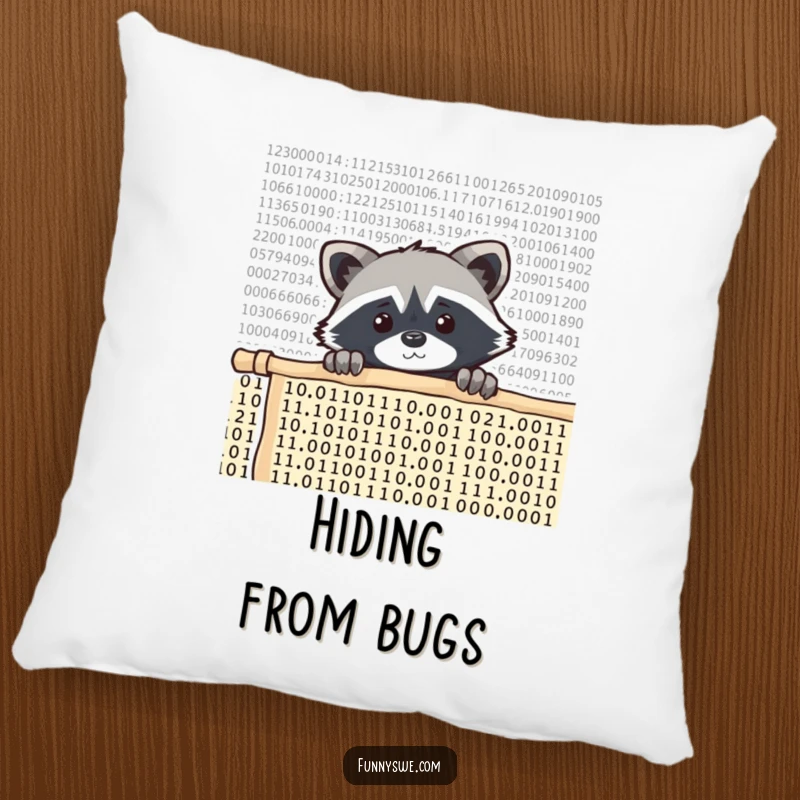 Funny raccoon coder pillow, a curious raccoon peeking over a wall of scrolling code, soft, comfy, and humorous.