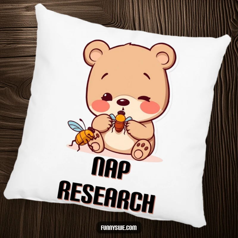 Funny bear bug hunter pillow, showing a curious bear playfully examining a digital bug icon, ideal for cozy comfort.