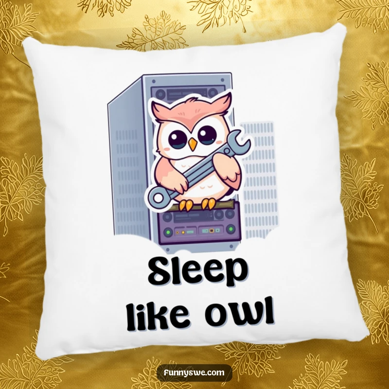 Funny kawaii owl on a server rack holding a wrench, ready to repair, a cozy and humorous decorative pillow.