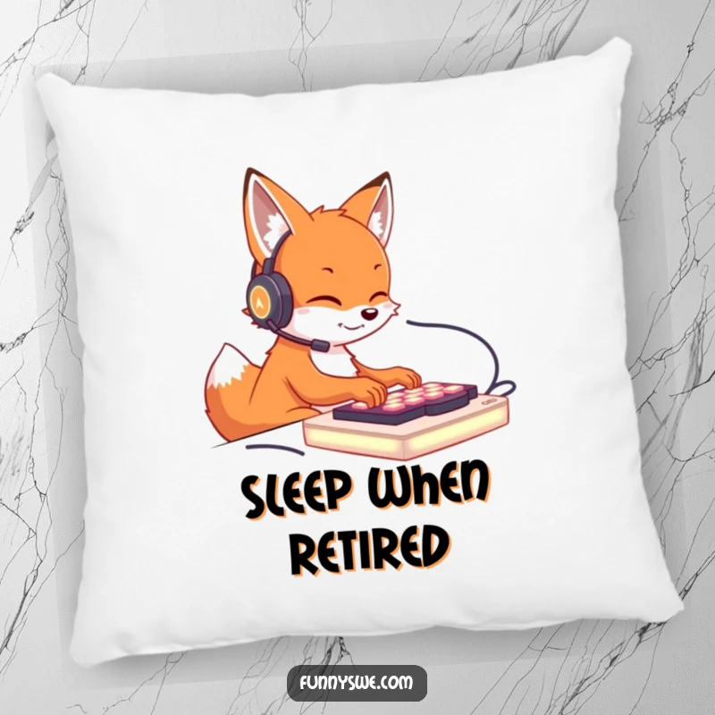 Funny pillow showing a cute fox character with a headset, typing fiercely on a glowing keyboard, offering comfy gaming support.