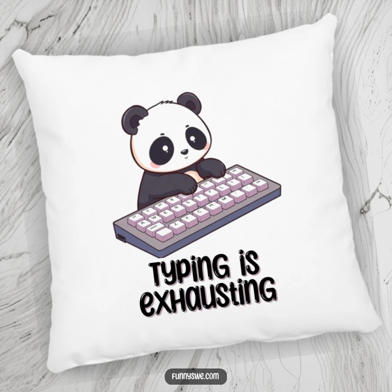 Funny pillow with a panda furiously typing on a giant keyboard. Comfortable and humorous decorative accent.