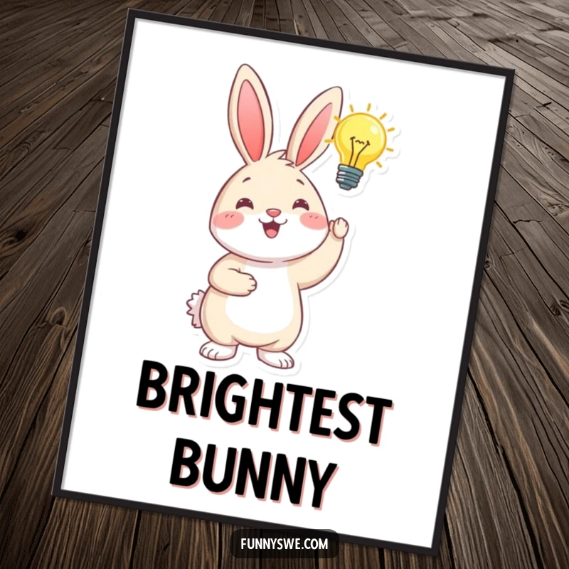 Funny happy bunny holding a glowing lightbulb above its head, a humorous digital art print for inspirational decor.