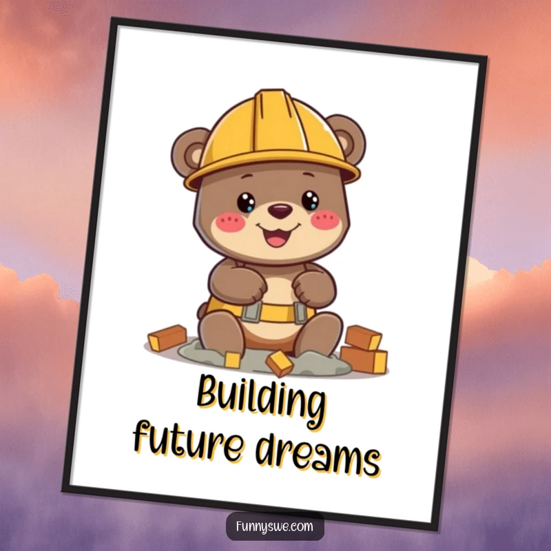 Funny bear character in hard hat, building virtual structure, digital art print, construction theme, humorous wall decor.