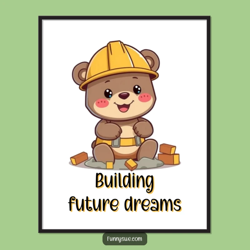 Funny Bear Builder Digital Art: Hard Hat Character Wall Art Print