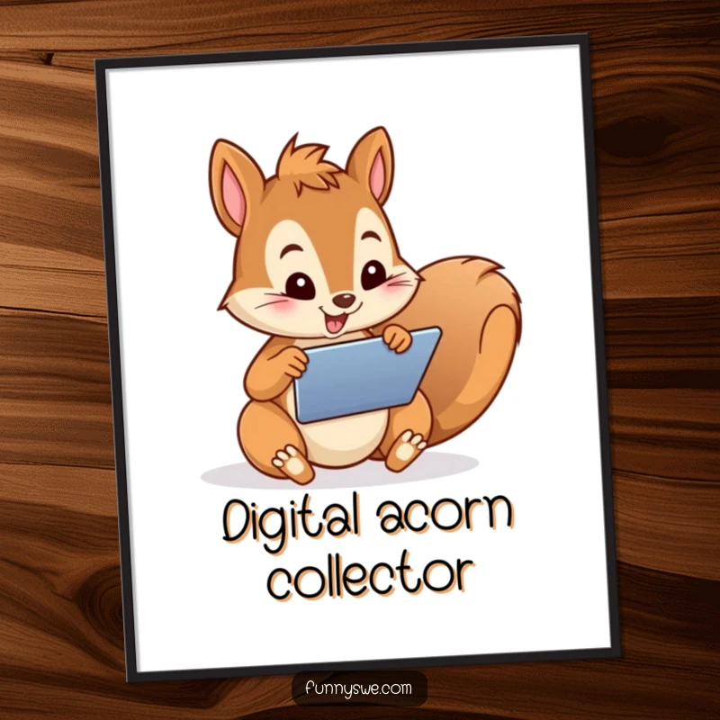 Funny Digital Art Print of a playful squirrel character enthusiastically designing a website on a tablet, celebrating digital art and humor.
