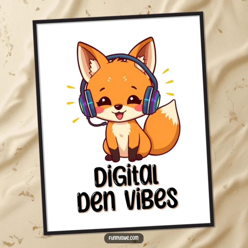 Funny digital art print of an excited fox wearing headphones, coding with colorful lines. Humorous and vibrant tech art.