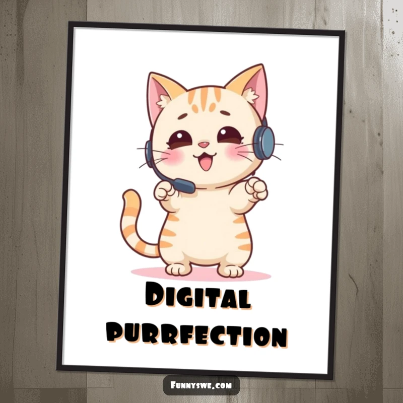 Funny Cat Digital Art Print: An enthusiastic cat with a headset points at a screen, capturing gamer focus and humor, a perfect printable funny gift.