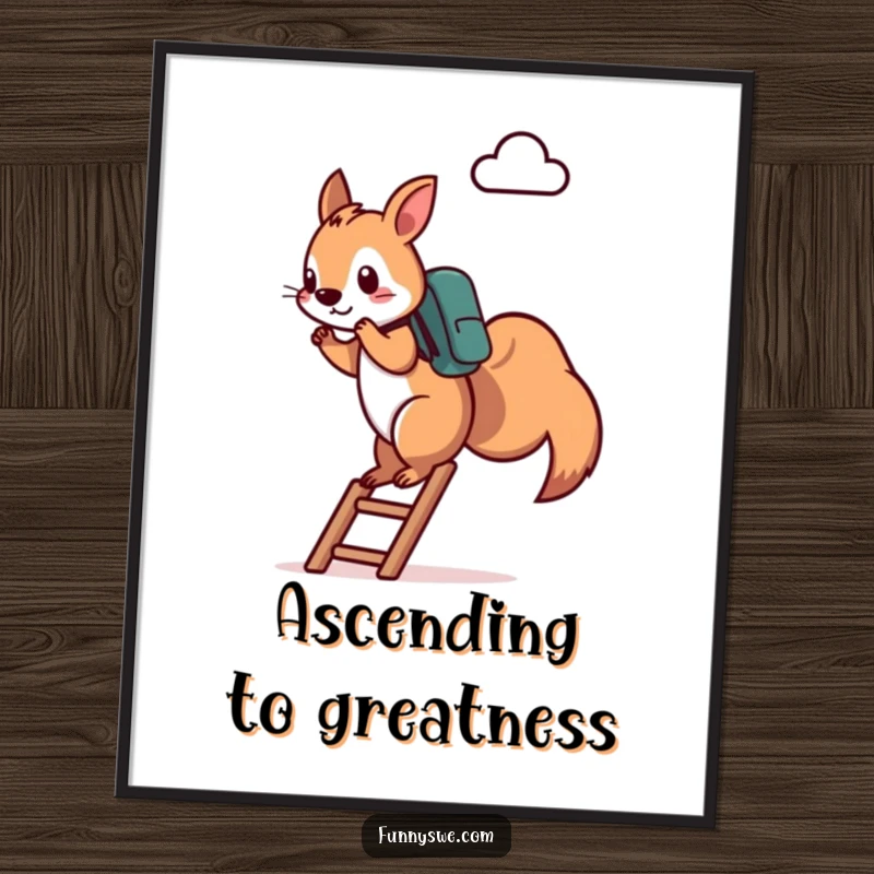 Funny Squirrel Digital Art Print: A determined squirrel climbs a ladder towards a cloud server icon, capturing tech ambition and humor, a perfect printable funny gift.