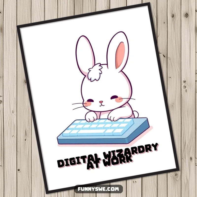 Funny Rabbit Coding Art Print: Cute animated rabbit character typing furiously on a luminous keyboard, digital art for coders.