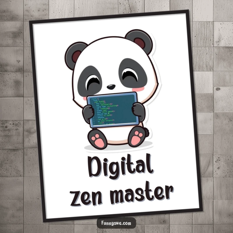Funny Panda Coding Art Print: Playful panda character holding a tablet displaying code, digital art for programmers.