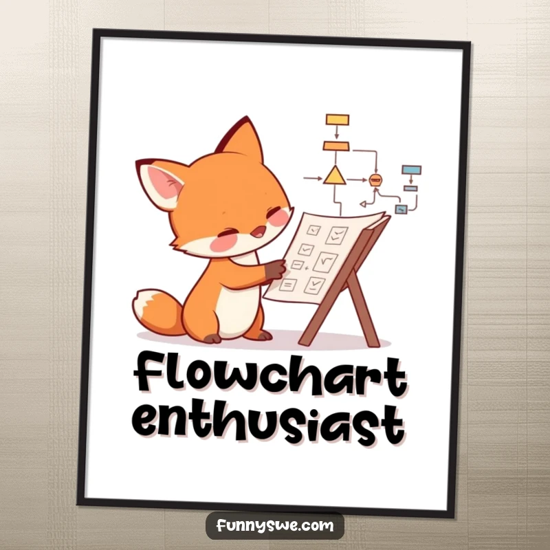 Funny fox digital art print of a curious canine examining a complex flowchart, offering humorous strategic vibes.