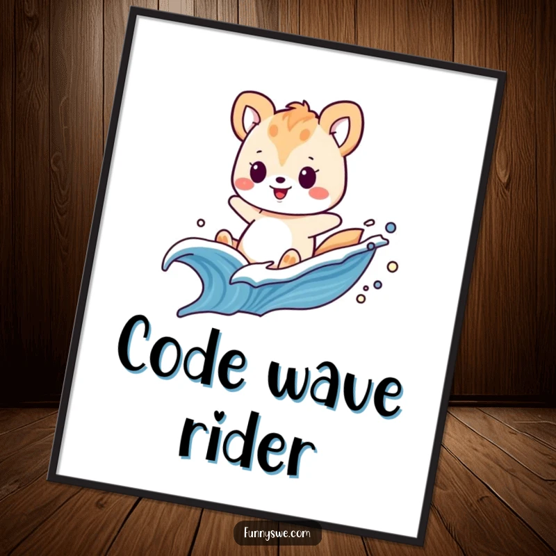 Funny digital art print of a playful animal riding a swooshing wave of digital code, instant digital fun.