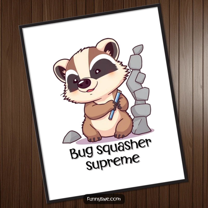 Funny Badger Code Fixer Digital Art Print: A determined badger character diligently repairs a broken code element, embodying focused debugging humor.