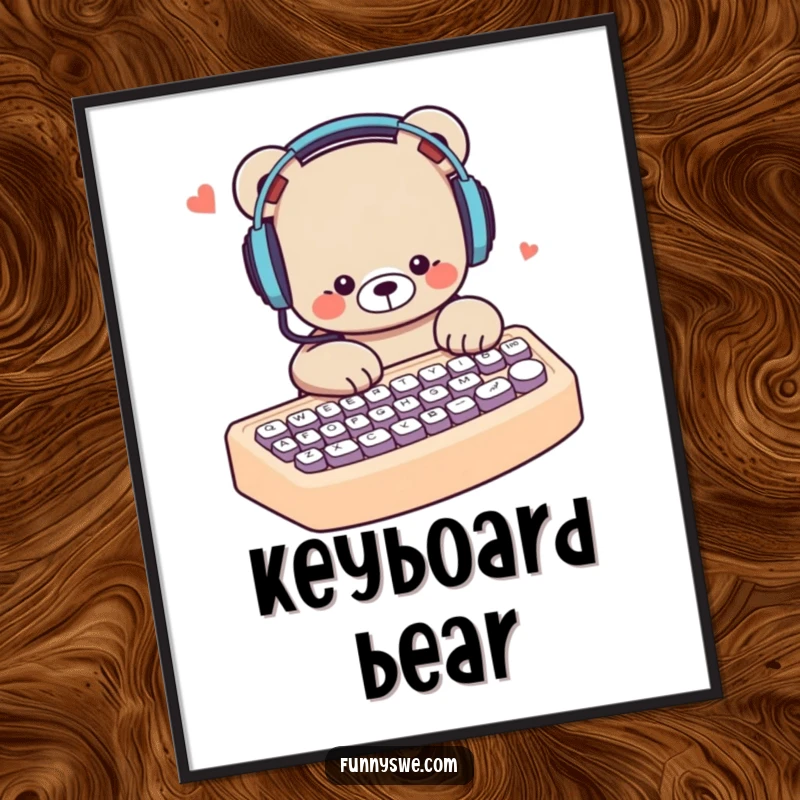 Funny bear wearing headphones, typing on a giant keyboard, a humorous digital art print for workspaces and creative areas.