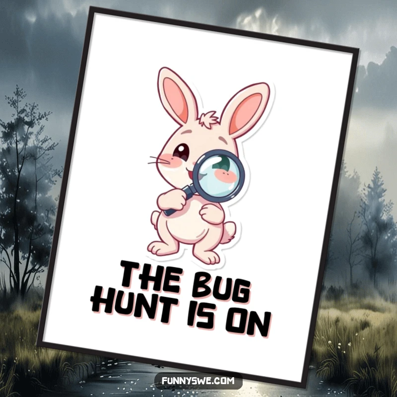 Funny Digital Art Print of a bouncing bunny character holding a debugging magnifying glass, celebrating persistence and bug-hunting passion.