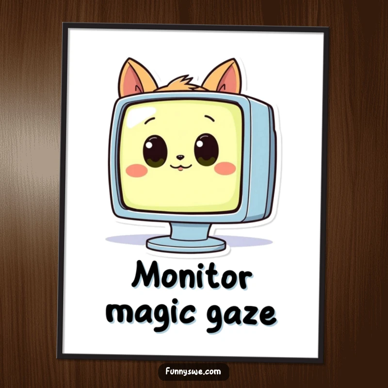 Funny digital art print of a curious animal with big eyes inspecting a glowing computer monitor, instant intrigue.