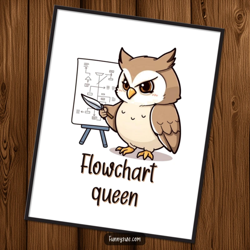 Funny digital art print of a determined owl character pointing at a complex flowchart with a feather pen, ideal planner decor.