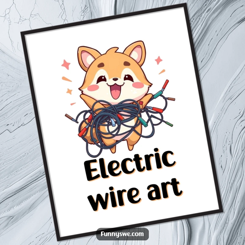 Funny digital art print of an energetic animal holding a tangled mess of wires, instant tech chaos.