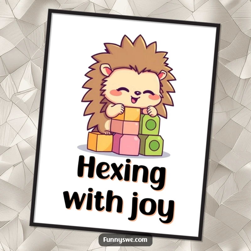 Funny digital art of a hedgehog concentrating on stacking code blocks, perfect for humorous decor.