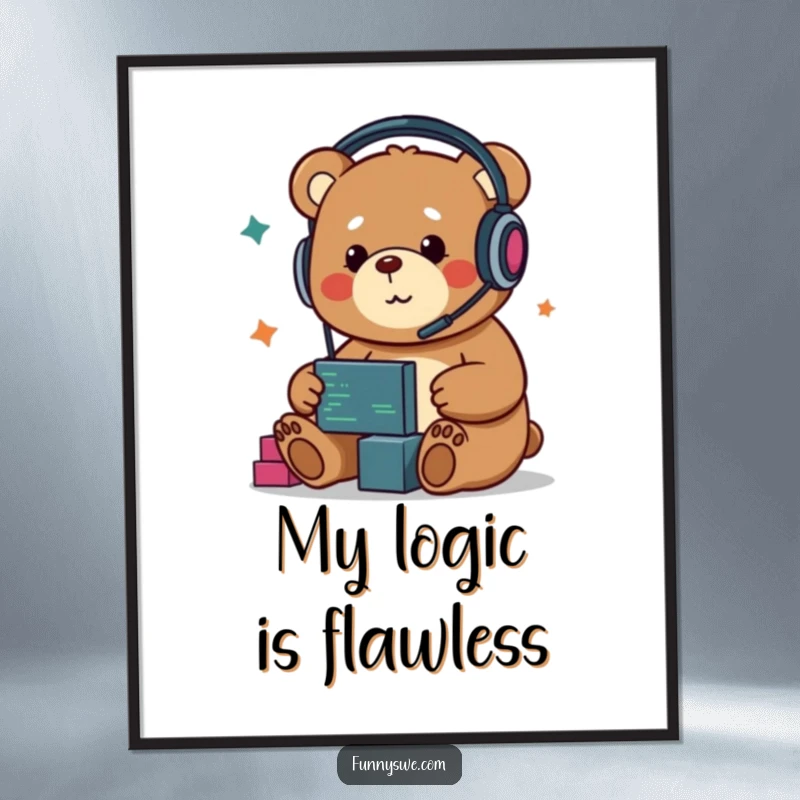 Funny Kawaii bear developer digital art, headphones on, dragging code blocks, ready to print and frame.