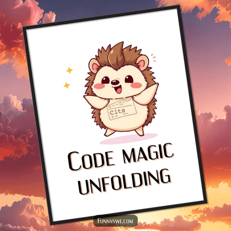 Funny kawaii hedgehog character showing website code with a flourish and dancing happily, as a high-resolution digital art print.