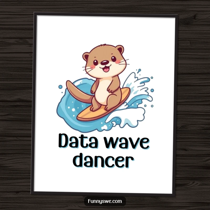 Funny happy otter data surfer digital art print, depicting an otter surfing a wave of data, vibrant and joyous.