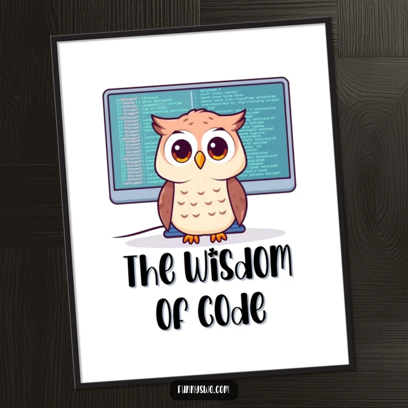 Funny Digital Art Print of a curious owl character looking at code on a giant monitor, celebrating intelligence and coding passion.
