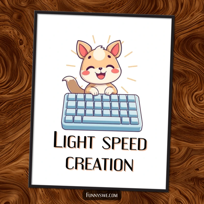 Funny digital art print of a happy animal typing on a glowing keyboard, radiating light, instant cheer.