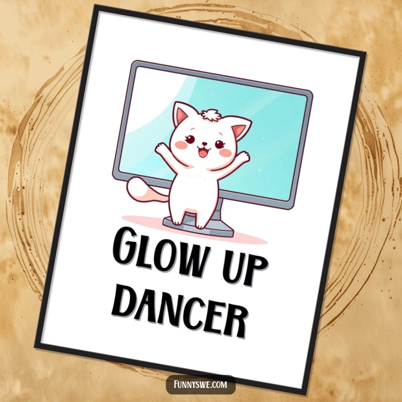 Funny digital art print of a kawaii animal character happily dancing beside a shining monitor screen, embodying digital joy.
