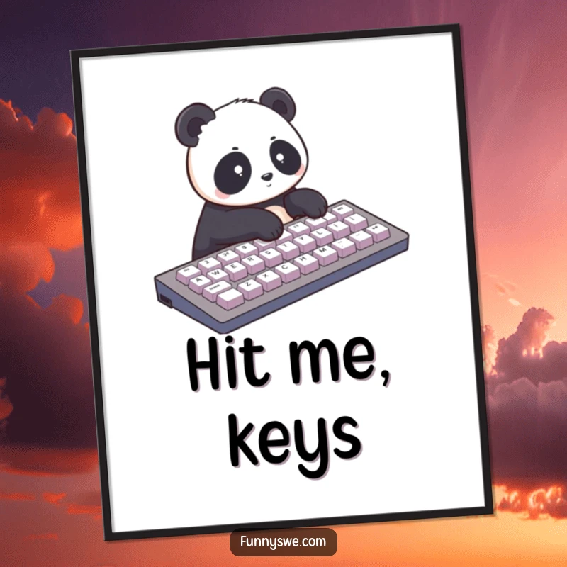 Funny digital art print of a panda typing rapidly on a giant keyboard. Humorous and adorable tech art.