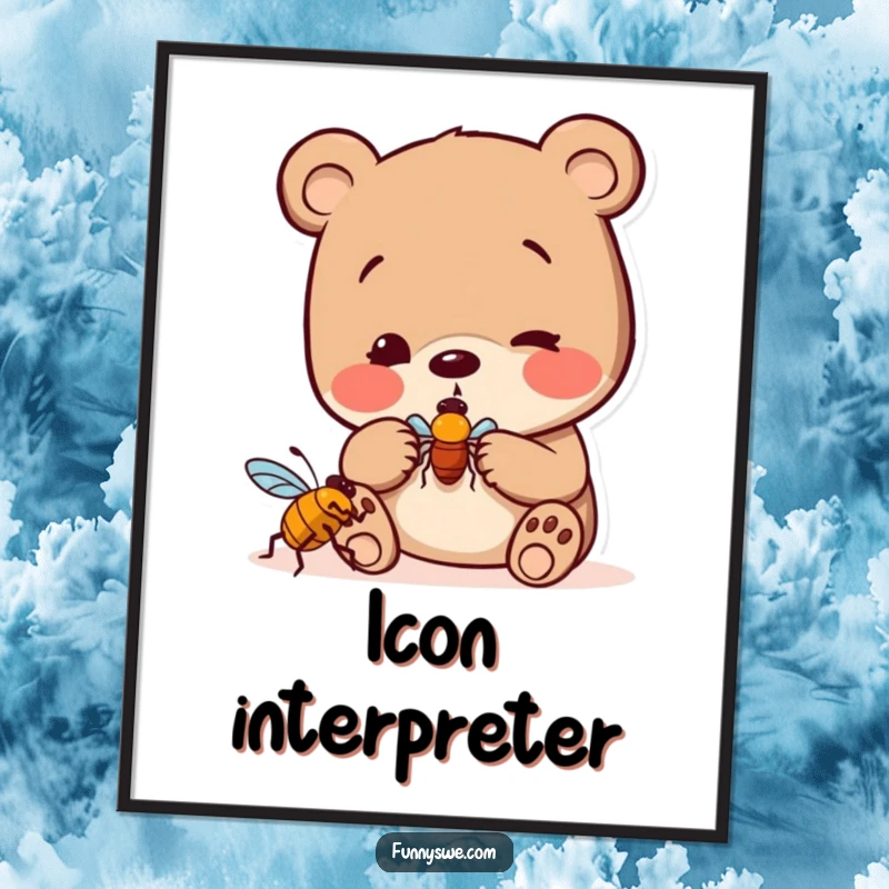 Funny bear bug hunter digital art print, featuring a curious bear playfully examining a computer bug icon, artistic and humorous.