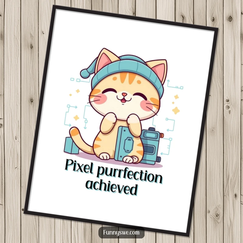 Funny cat coder digital art, a giggling cat in a beanie, creating digital code, perfect for vibrant wall decor.