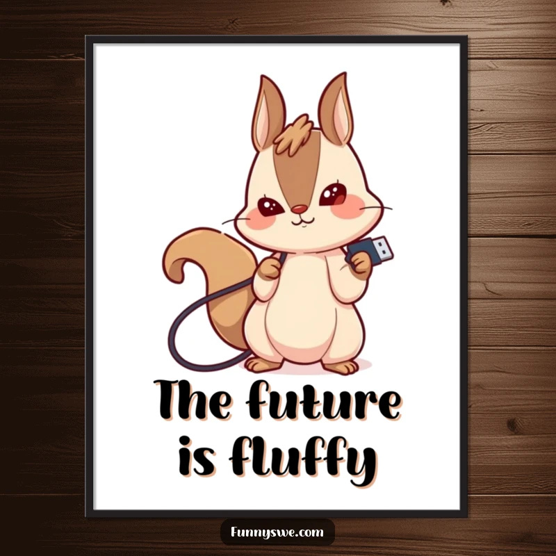 Funny digital art print of a giggling kawaii squirrel determinedly plugging in a USB drive, ideal for instant tech humor decor.