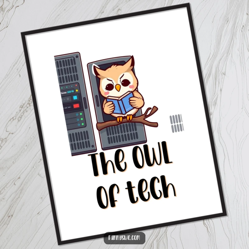 Funny digital art print of a kawaii owl reading a book on a server rack, ideal for instant tech humor decor.