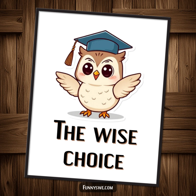 Funny Owl Digital Art Print: A cheerful owl with a graduation cap confidently presents information, capturing academic achievement and humor, a perfect printable funny gift.