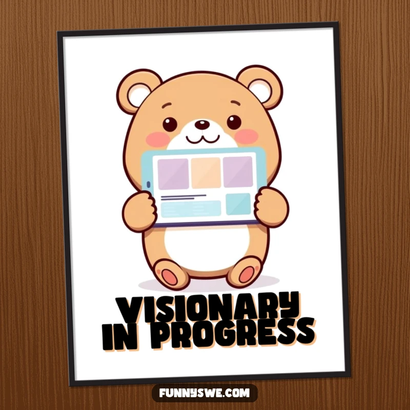Funny Bear Web Designer Digital Art Print: A smiling bear character enthusiastically presents a website on a screen, capturing digital art humor.