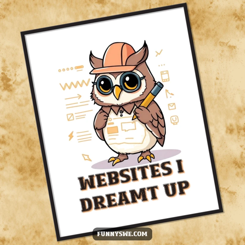 Funny digital art print of a Kawaii owl architect intently drawing a website layout with a glowing stylus.