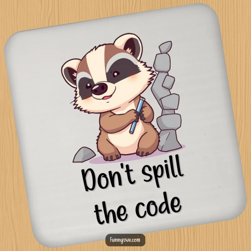Funny Badger Code Fixer Coaster: A determined badger character fixing a broken code element, adding a humorous and protective touch to surfaces.
