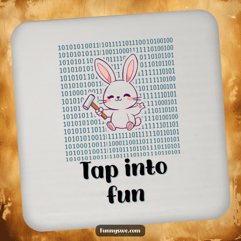 Funny happy bunny tapping binary code on a coaster, offering protection with a geeky design.