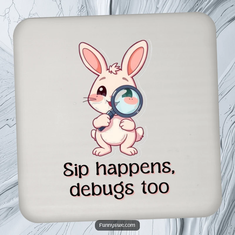 Funny Drink Coaster showcasing a bouncing bunny character holding a debugging magnifying glass, adding debugging humor.