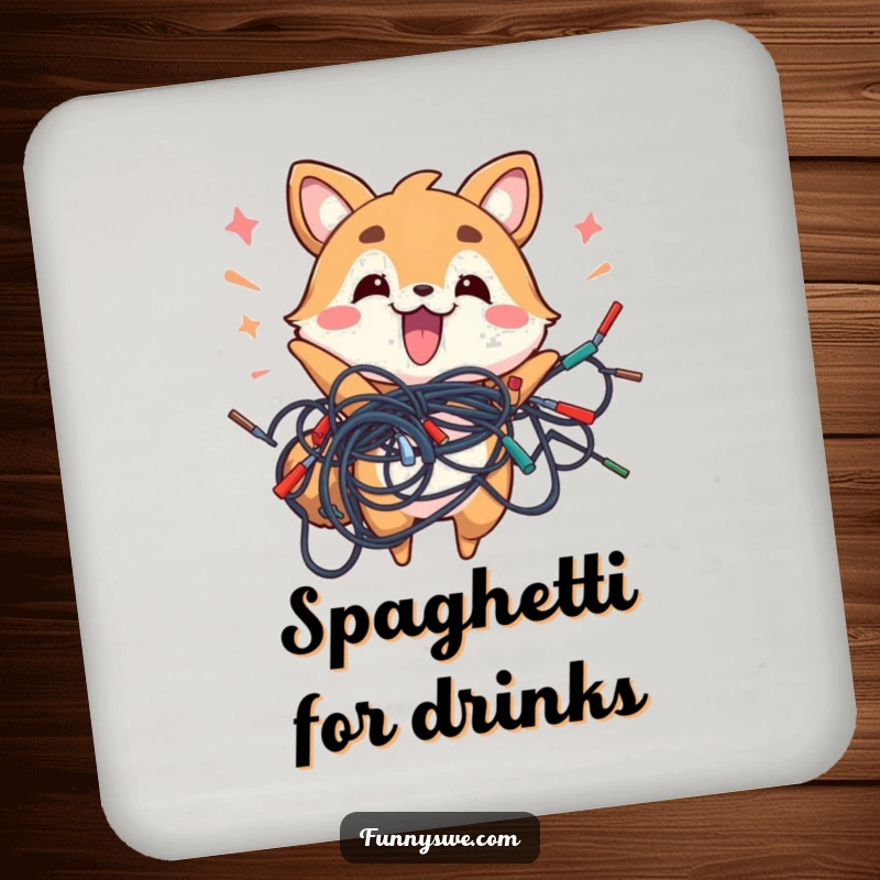 Funny drink coaster with an energetic animal holding a tangled mess of wires, a tech accessory.