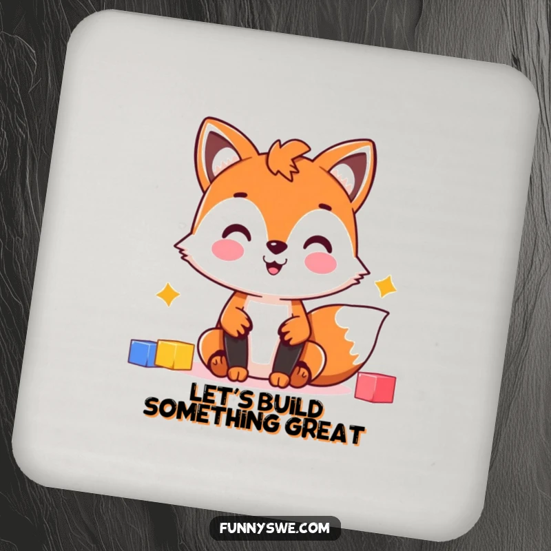 Funny Fox Web Coaster: Cheerful fox character building a website, a humorous and protective drink accessory.