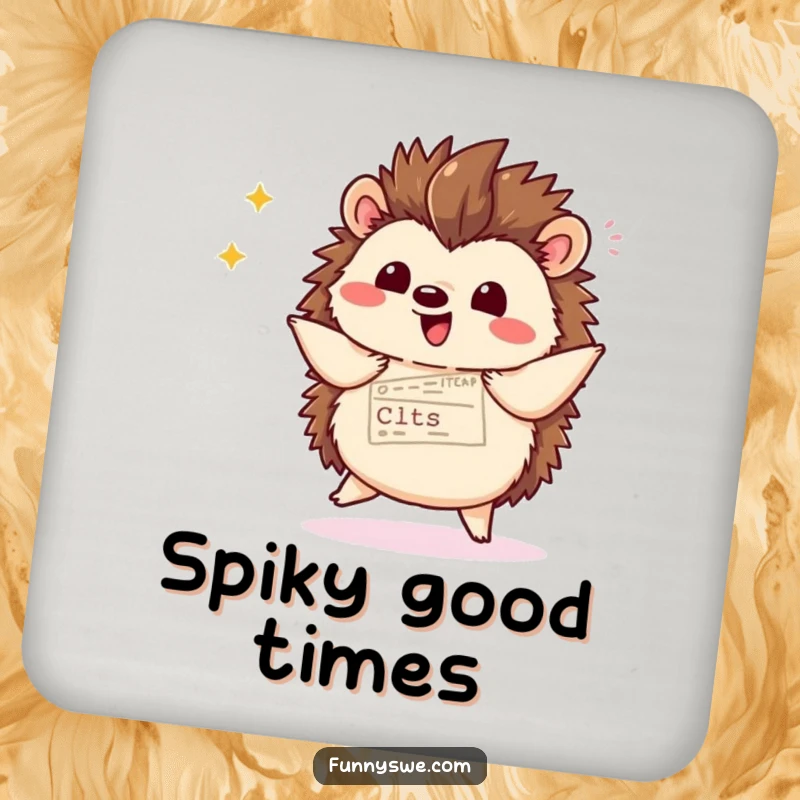 Funny kawaii hedgehog displaying website code with a flourish and dancing, printed on coasters for surface protection.